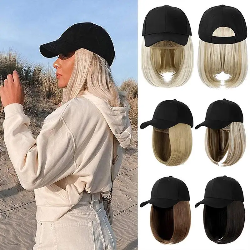 SHANGZI Short Wavy baseball wig Synthetic Natural bob Wig Black hat wigs cap with Hair Naturally Connect Baseball Cap Adjustable