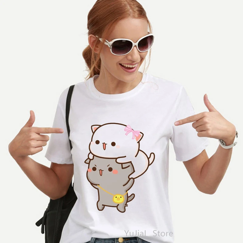 Kawaii Women'S Clothing Peach And Goma Mochi Cat Cartoon Print Tshirt Femme Korean Style Clothes Harajuku T Shirt Tops