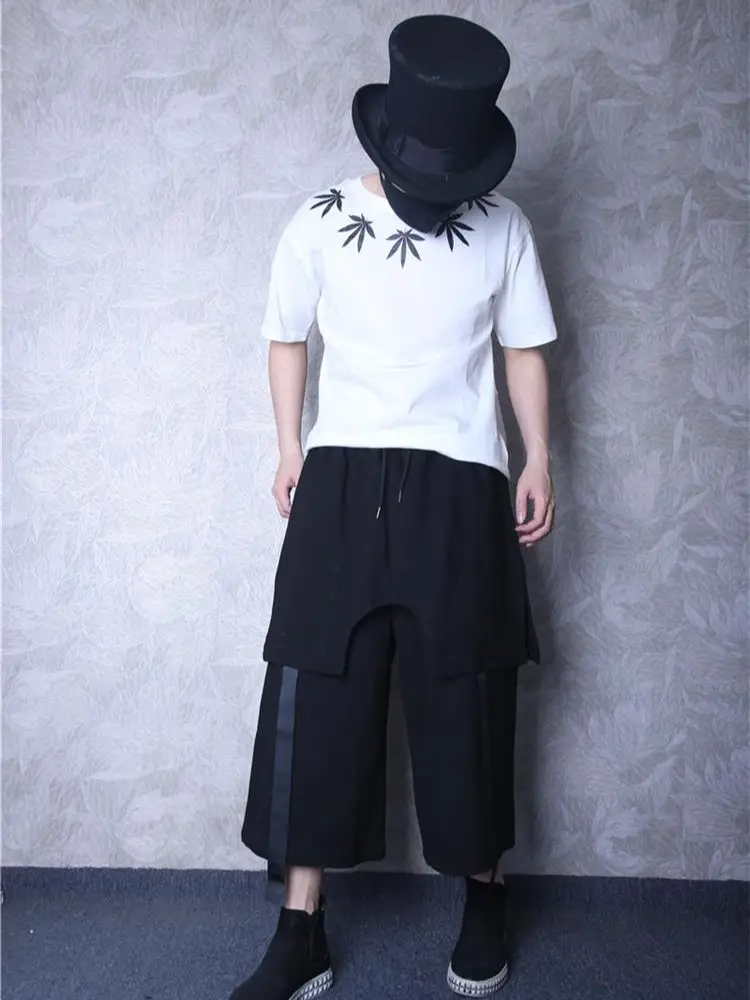 

Men's Casual Pants Summer New Solid Color Elastic Waist False Double Layer Design Loose Straight Skirt Stitching Design Pocket