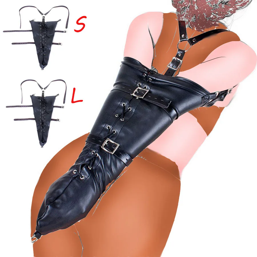 BDSM Bondage Leg/Arm Binder,Behind Back Straight Jacket,Leather Armbinder Restraint Slave Lockable Glove,SM Sex Game Party Masks