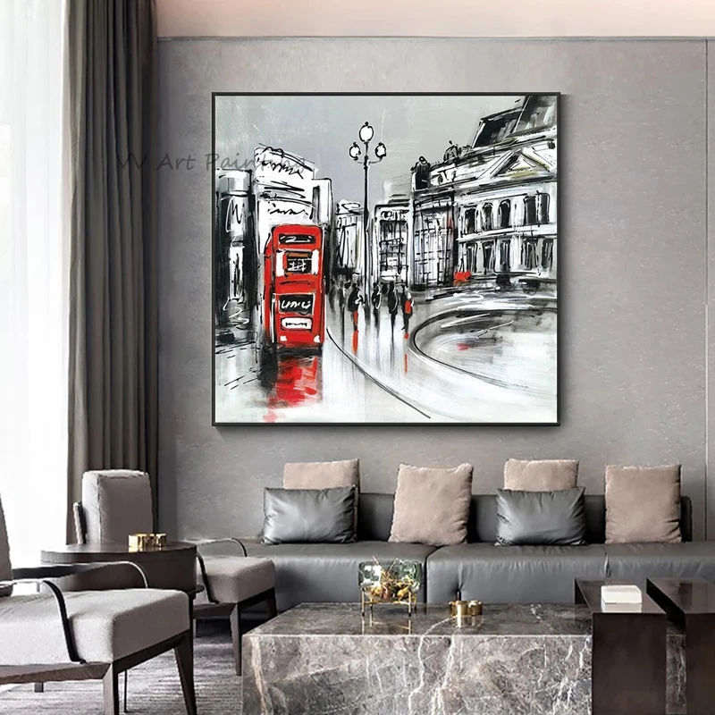 Square Palette Knife London Red Bus Oil Painting 100% Hand Painted Canvas Textured Cityscape Modern Living Room Wall Decor
