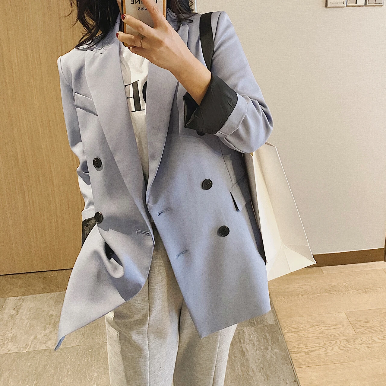 2023 Women's Spring Autumn Blue Solid Oversize Long Jacket Blazer Dress Suit Woman Coat Clothes Office Top Korean Fashion Y2K