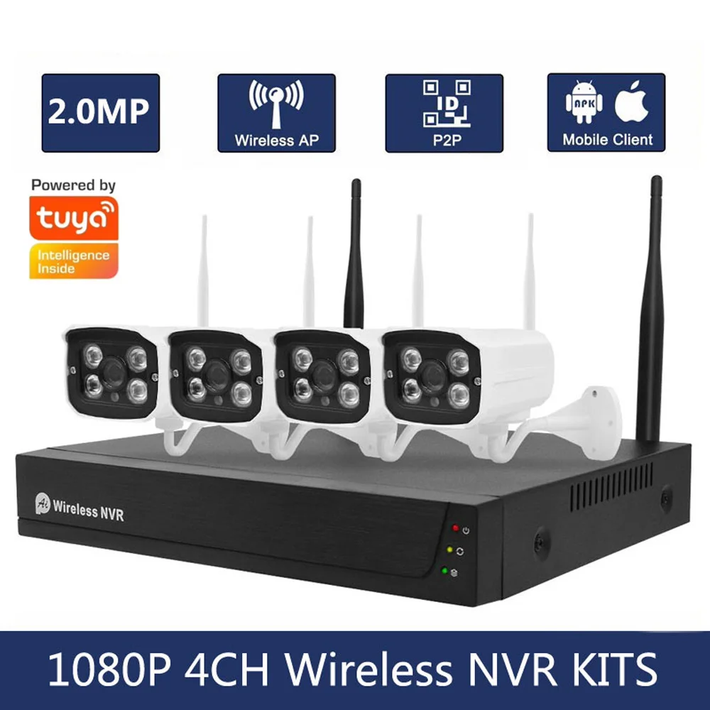 Powered by Tuya 2MP 1080P Wireless Security Camera Kit 4CH NVR System Night Vision Outdoor Camera System CCTV Video Kit