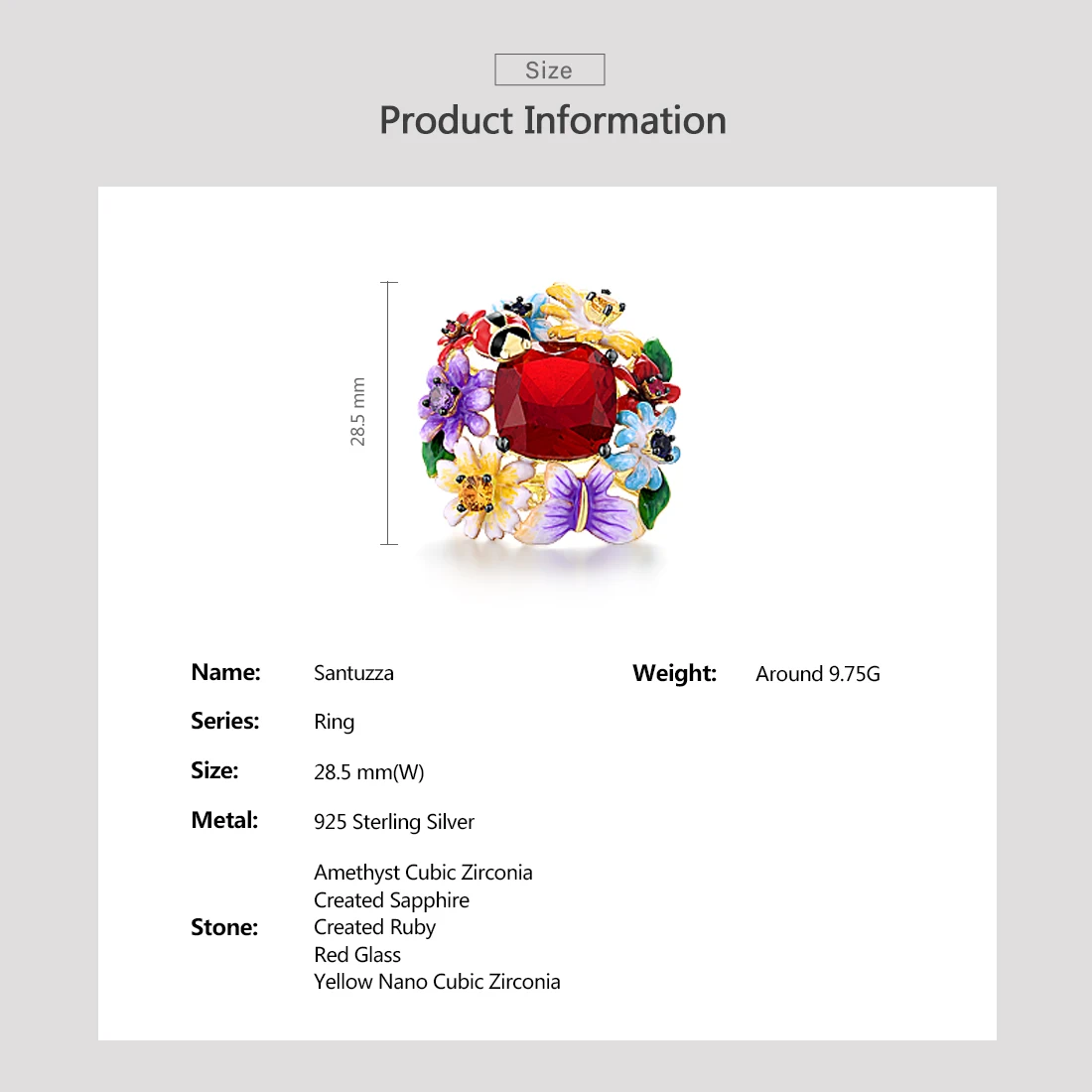 SANTUZZA Pure 925 Sterling Silver Rings For Women Colorful Flowers Ladybug Ring Sparkling Red Stone Handmade Enamel Fine Jewelry