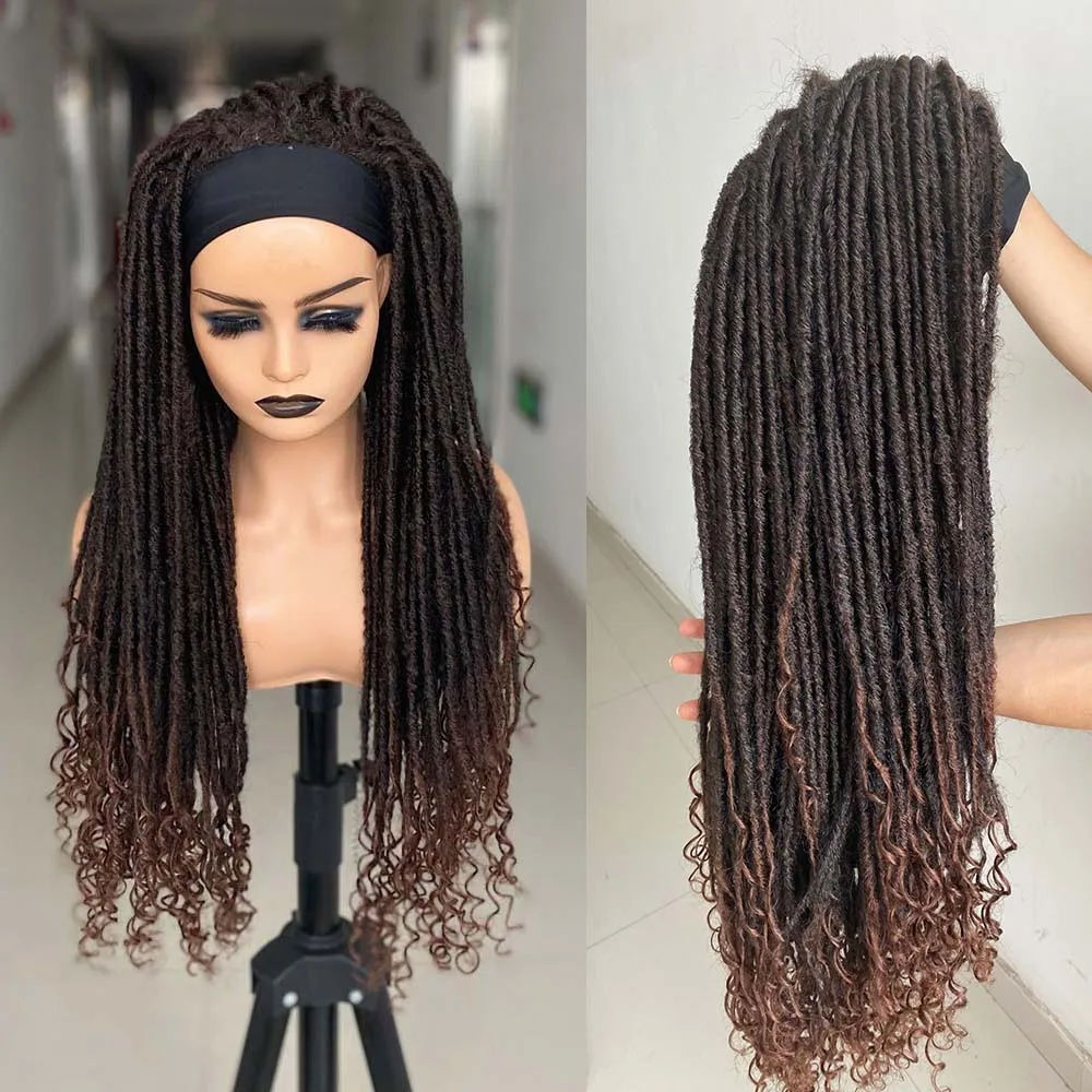 Goddess Locs Headband Wigs For Black Women Ombre Brown Twist Dreadlock Headband Wigs 26 Inch Long Braids Wigs With Curly Ends