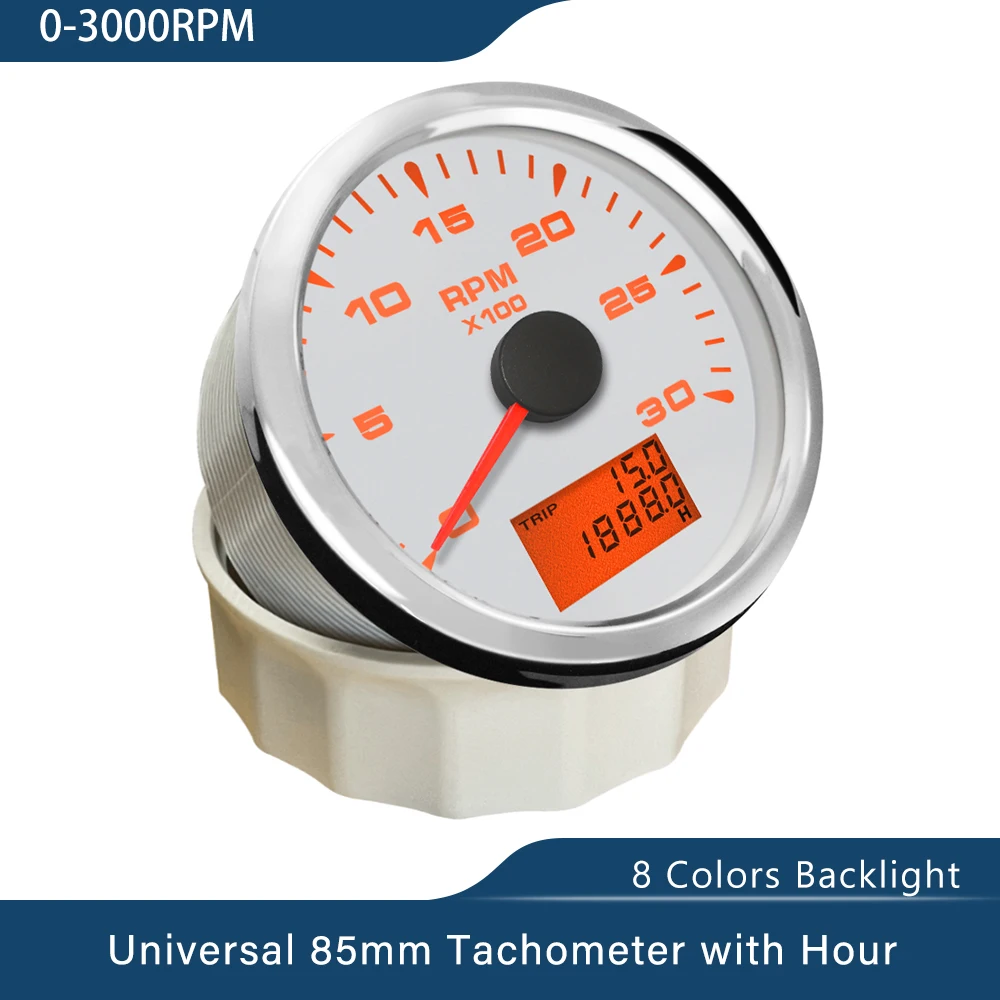 85mm 8 Colors Backlight Waterproof Tachometer Gauge with Hour Meter 3K 4K 6K 8K Tachometer Gauge 9V 32V Fit Universal Car Boat