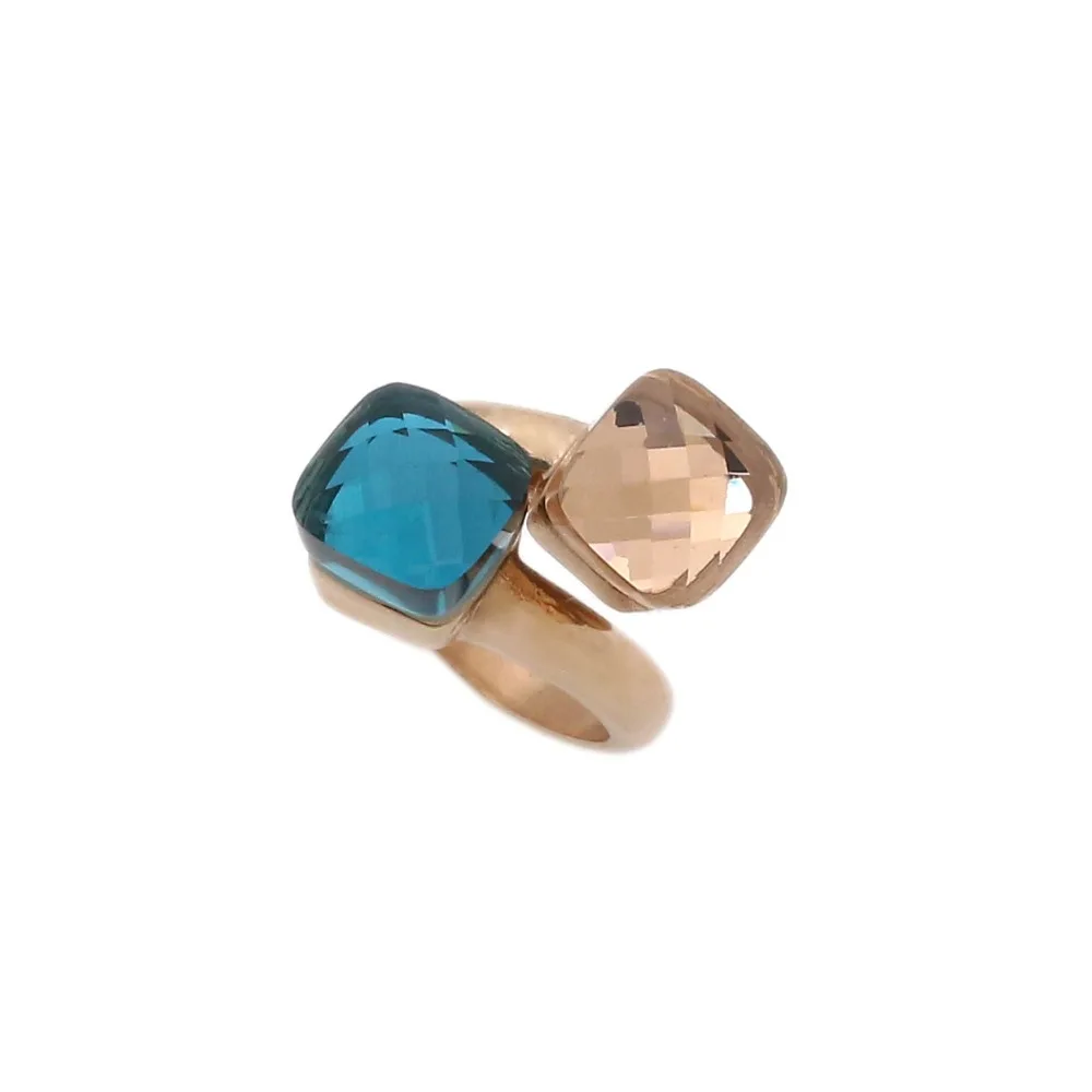 JSBAO New Arrivals Double Glass Stone Stainless Steel Gold Fashion Ring Women Orange & Sky Blue Color Ring For Women Jewelry