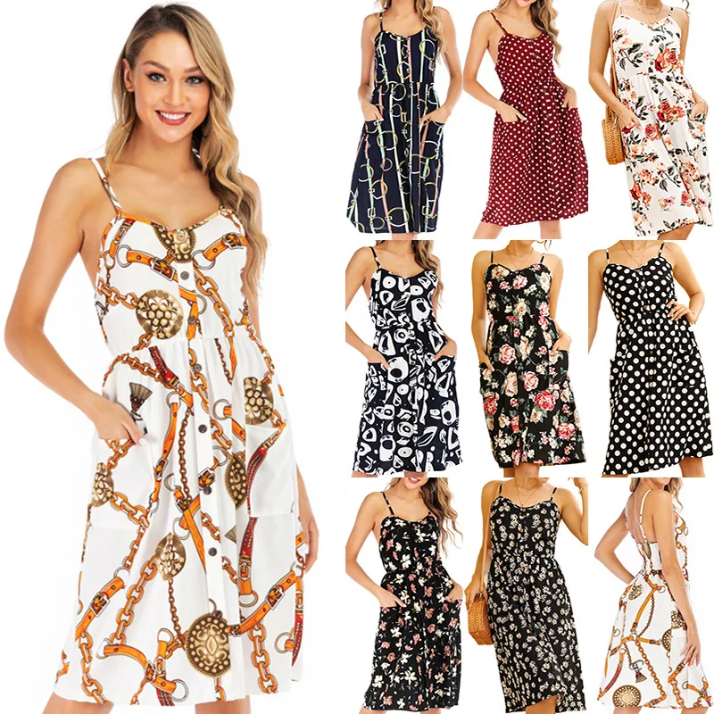 

New trend European and American summer sexy chiffon print stretch backless suspender dress women