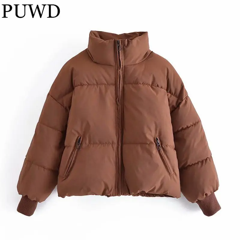 

PUWD Women Brown Puffer Parka 2021 Winter Fashion Lady Casual Thick Stand Collar Cotton Jacket Female Zipper Oversize Outerwear