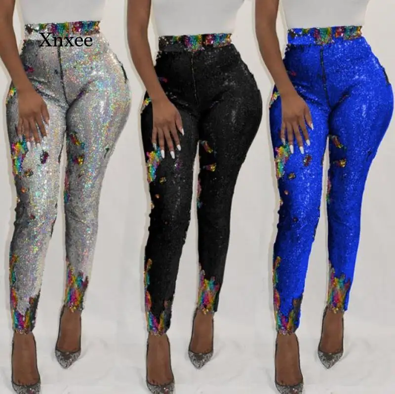 Fashion Women Trousers Colorful Sequin Long Leggings Nighclub Sexy Shiny Bodycon Female Leggings High Waist Skinny Pencil Pant