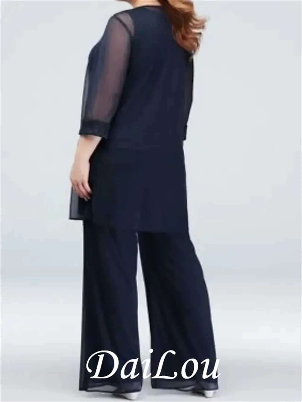 두 조각 Pantsuit/Jumpsuit 신부 드레스 랩의 어머니 포함 보석 목 바닥 길이 시폰 Appliques Ruching 2021