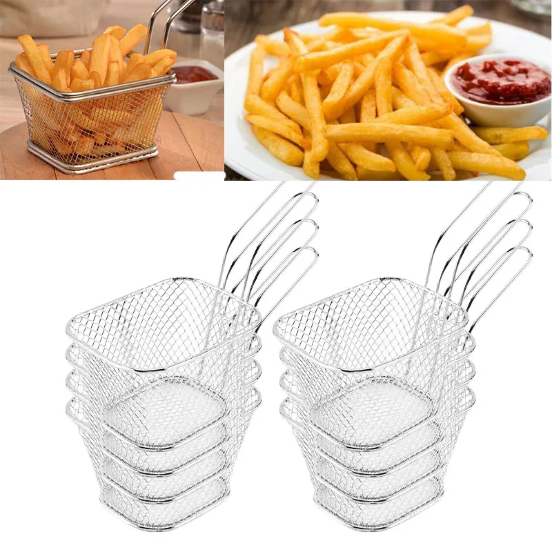 8PCS Mini Edelstahl Braten Körbe Chips Präsentation Korb Sieb Lebensmittel Korb Küche Werkzeug Kochen Französisch Frites Korb