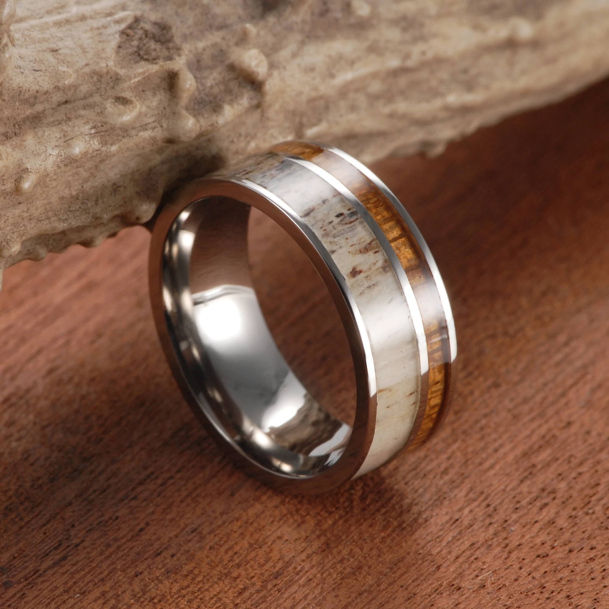 8mm Men's Deer Antler Ring With Koa Wood Inlay Wedding Bands Titanium Antler Promise Engagement Anniversary Outdoor Ring For Men