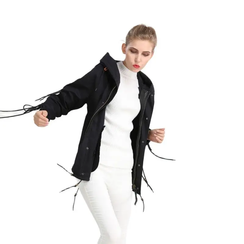 Fashion Black Short Length Parka With Tassel& Ribbons Casual Wear Mrs Wear Dovetail Design Outwear