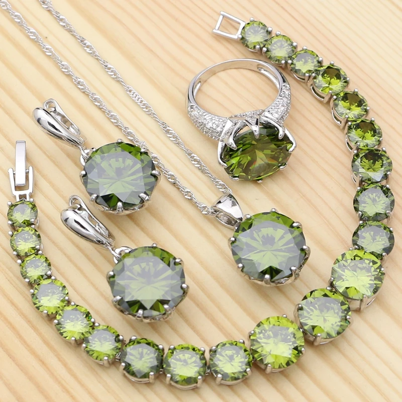 

925 Silver Jewelry Sets For Women Olive Green Cubic Zirconia White Crystal Ring Bracelet Necklace Pendant Earrings