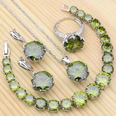 925 Silver Jewelry Sets For Women Olive Green Cubic Zirconia White Crystal Ring Bracelet Necklace Pendant Earrings