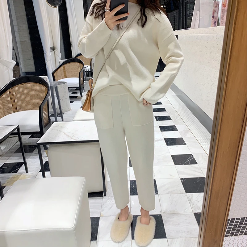 Women\'s suit Knitted 2 pieces Set Tracksuits Women  Autumn Thick Warm O-neck Loose Sweater+Ankle-Length Pants Warm Cashmere Suit