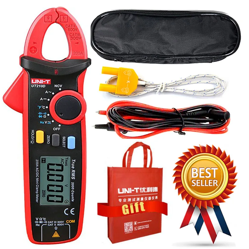 UNI-T UT210D Digital Clamp Meter Multimeter Handheld RMS AC/DC Resistanc With Temperature,Send Two Test Lines.