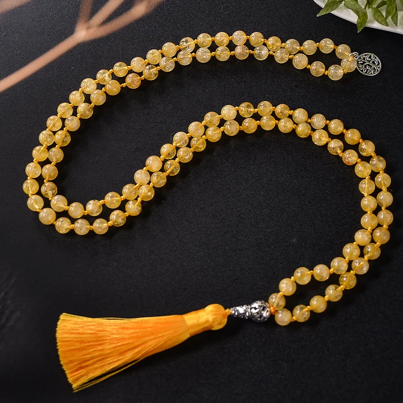 8mm Natural Citrine Beaded Knotted Mala Necklace Meditation Yoga Blessing Healing Jewelry Bracelet Set 108 Rosary Tassel Pendant