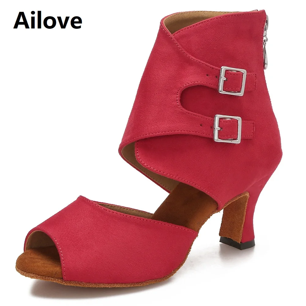 

Ailove Women Ballroom Latin Dance Boots Lady`s Salsa Professional Dancing Shoes Red Suede Social Danc Sandals S039