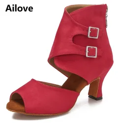 Ailove Women Ballroom Latin Dance Boots Lady`s Salsa Professional Dancing Shoes Red Suede Social Danc Sandals S039