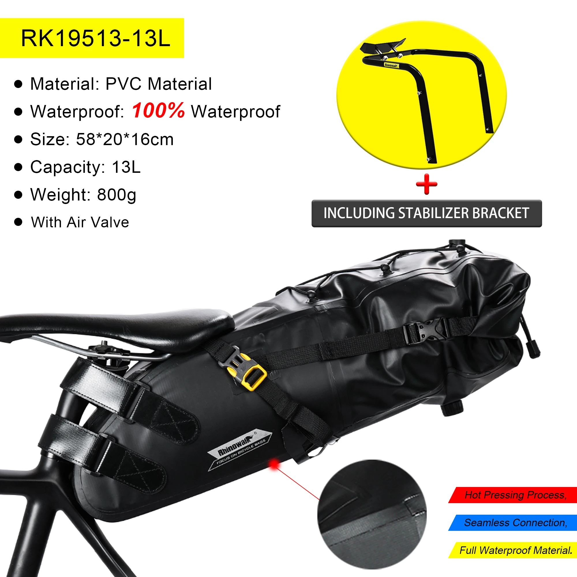 Rhinowalk Bicycle Bag Back Seat Saddle Bag Or Stabilizer Bracket Rack 5L-13L Waterproof Tail Bag Bracket Bike Accessories