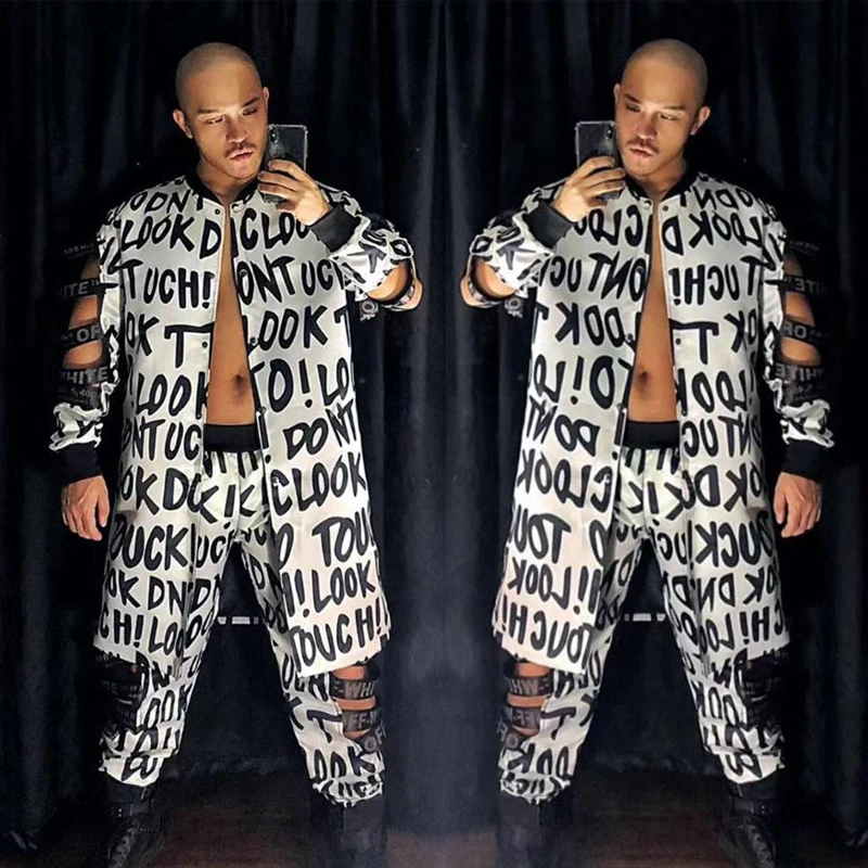 2 Pieces Male Singer DJ DS Hip Hop Clothing Graffiti Hollow Out Letter Jacket Pants Jazz Gogo Costume Stage Rave Outfit XS2436