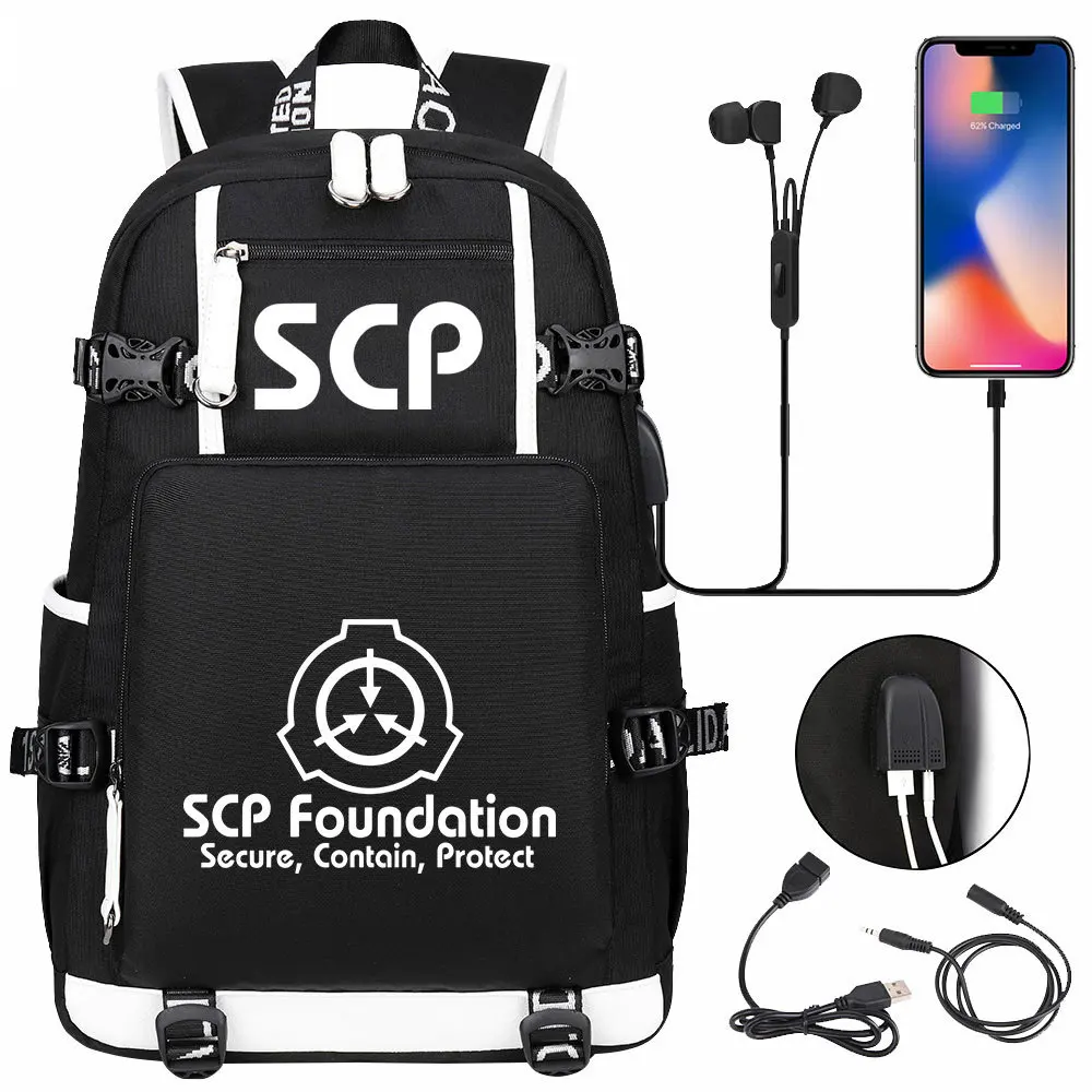 SCP Secure Contain Protect Backpack Black Bookbag Cartoon School Bags for Teenage Kids Travel Bagpack USB Laptop Shoulder Bags