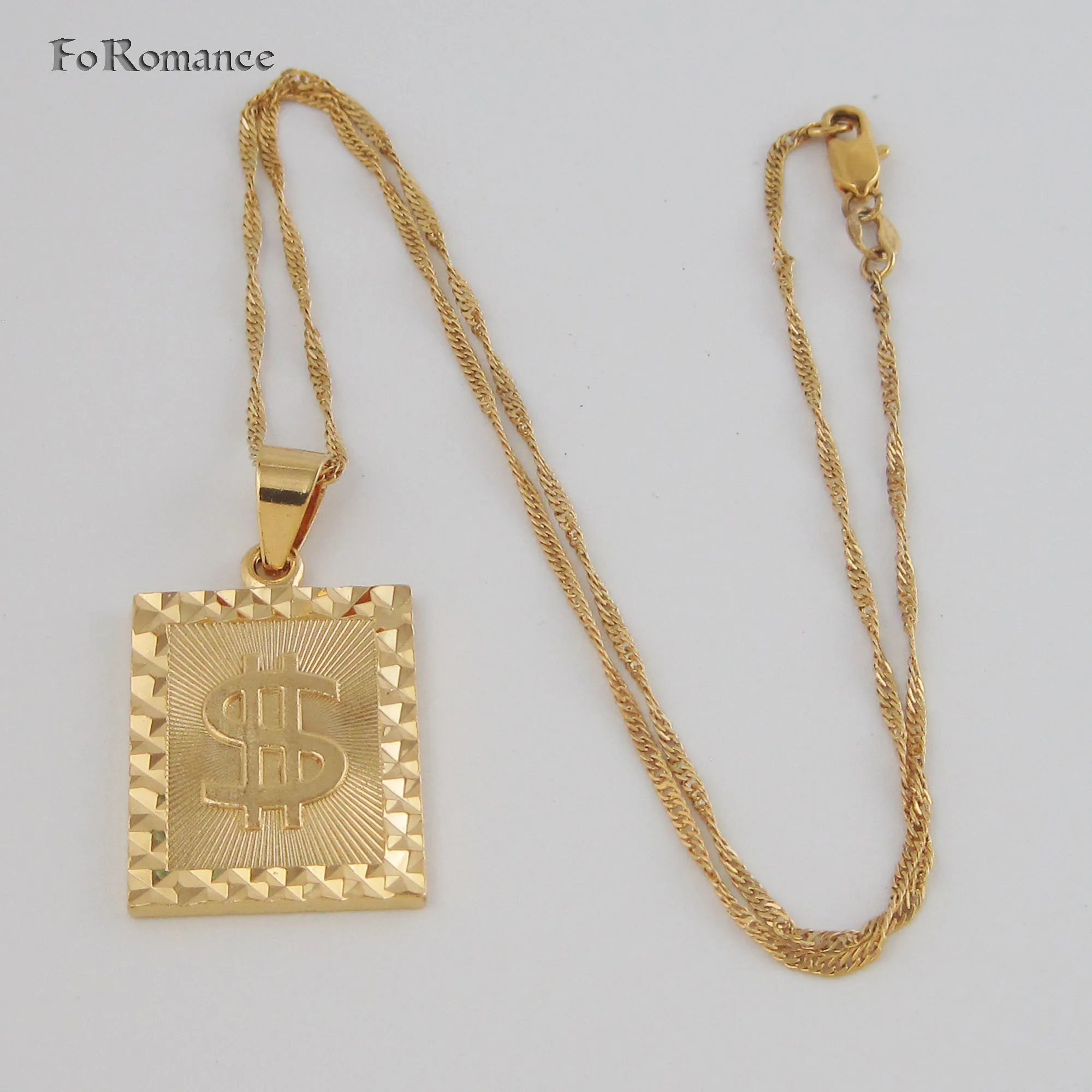 YELLOW GOLD COLOR 45CM water wave or 60CM figaro NECKLACE US DOLLAR SIGN RECTANGLE PENDANT