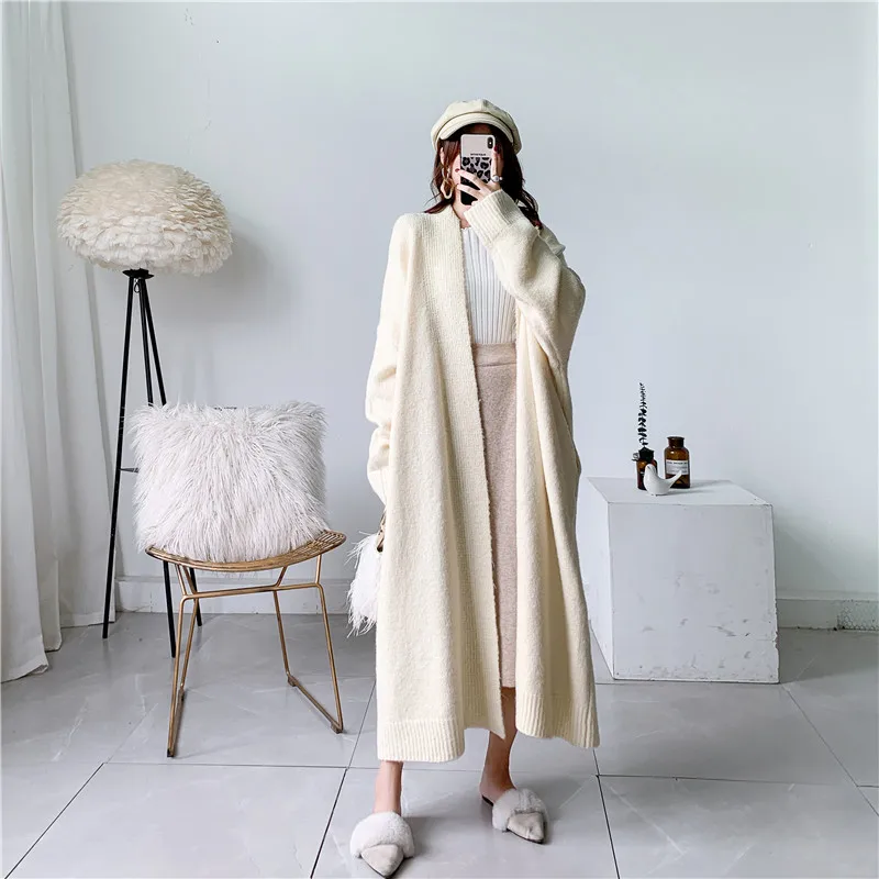 [ZAYAU]Autumn and Winter Relaxed Lazy Wind Long over Knee Thick Line Alpaca Cashmere Knitted Cardigan Thickened Large Size Coat