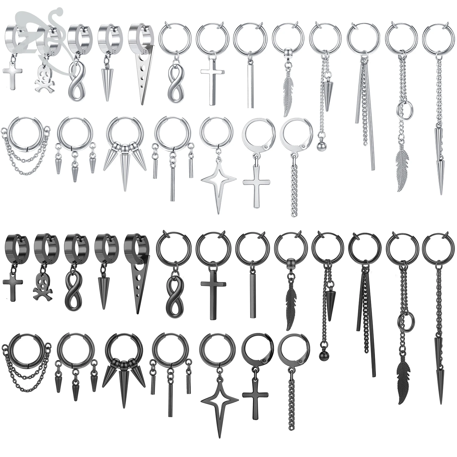 ZS 1-teilige Ohrringe mit Anhänger im koreanischen Stil, Unisex, Kreuzkette, Kegel-Tropfenohrring, schwarz, silberfarben, Edelstahl, Quaste, Ohrclip