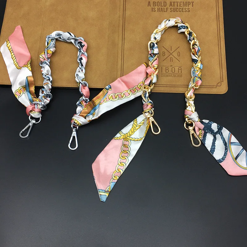 Silk Scarf Ribbon Handbag Accessories Chain Fashion Scarf Metal Chain Handle Bag Decor Bow Multifunction Ribbon Handbag Strap