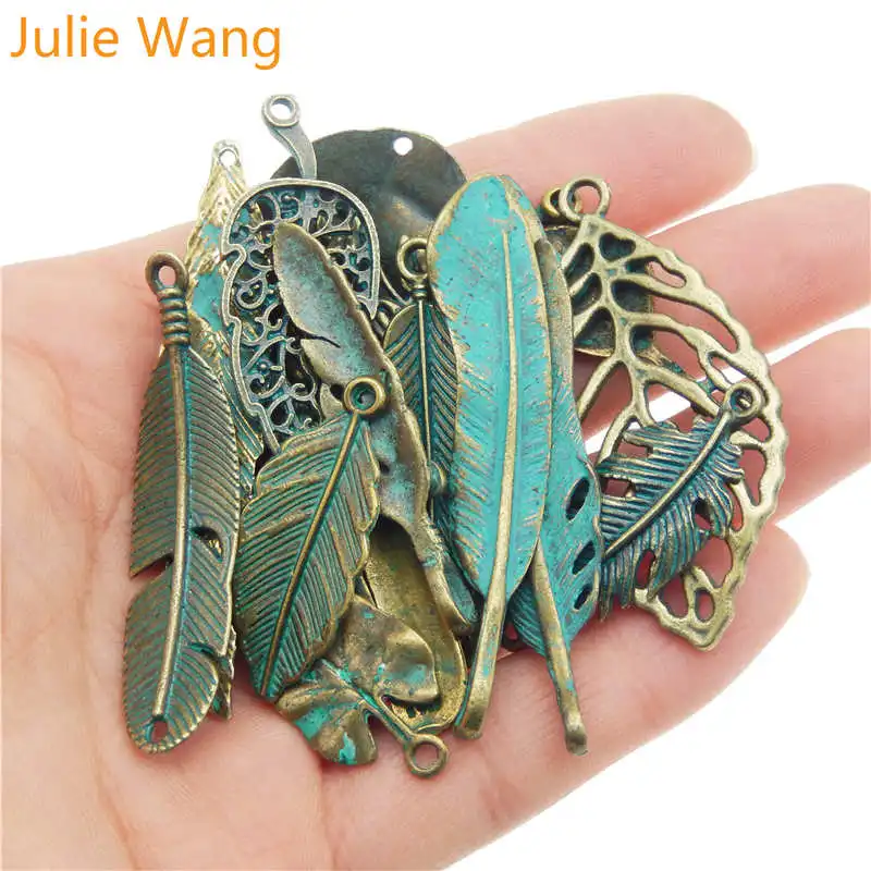 Julie Wang Random 14pcs Antique Bronze Feather Metal Alloy Pendant Charms Necklace Bracelet Jewelry Findings Making Accessories