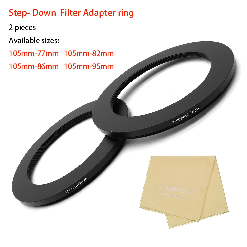 2-Stuks Step Down Ring Filter Adapter Ring Met Een Lens Schoonmaakdoekje, 105Mm-77Mm, 105Mm-82Mm, 105Mm-86Mm, 105Mm-95Mm