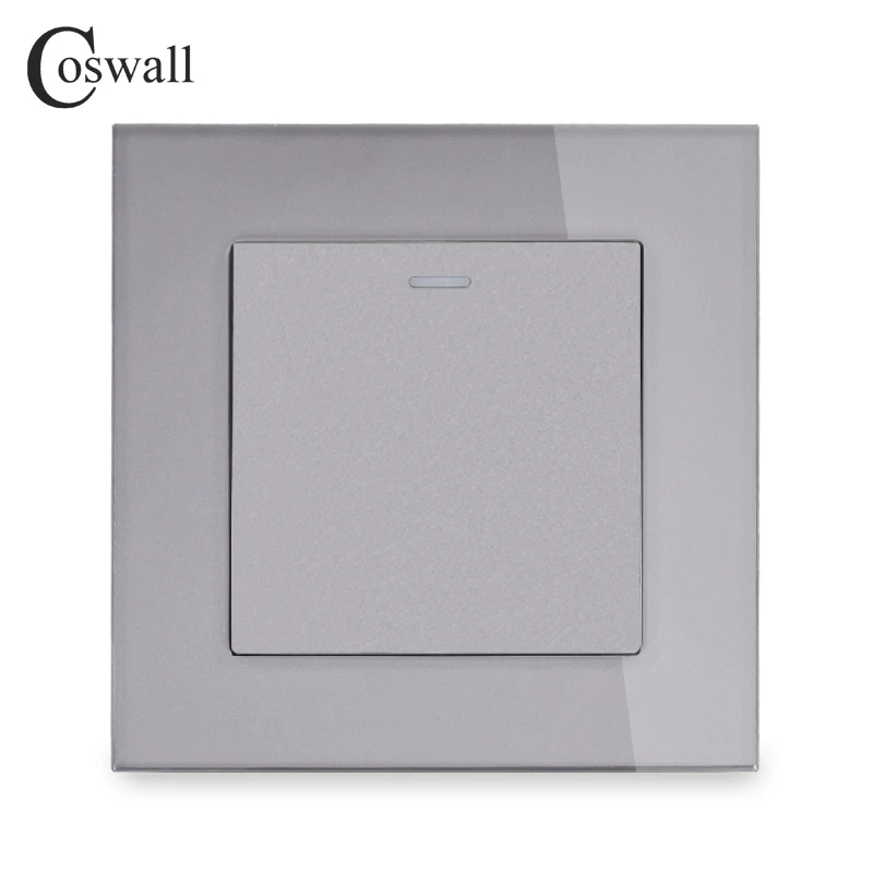 COSWALL 1 Gang 1 Way Crystal Tempered Glass Panel Light Switch On / Off Rocker Wall Switch Interruptor 16A Black White Grey Gold