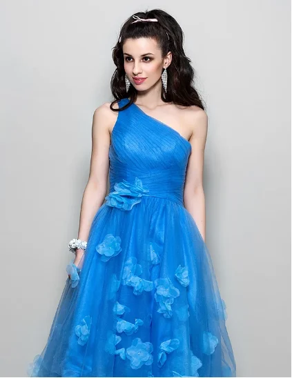 A-Line 1950s Blue Cocktail Party Prom Dress One Shoulder Sleeveless Knee Length Tulle with Ruched 3D Flowers robe de soriee