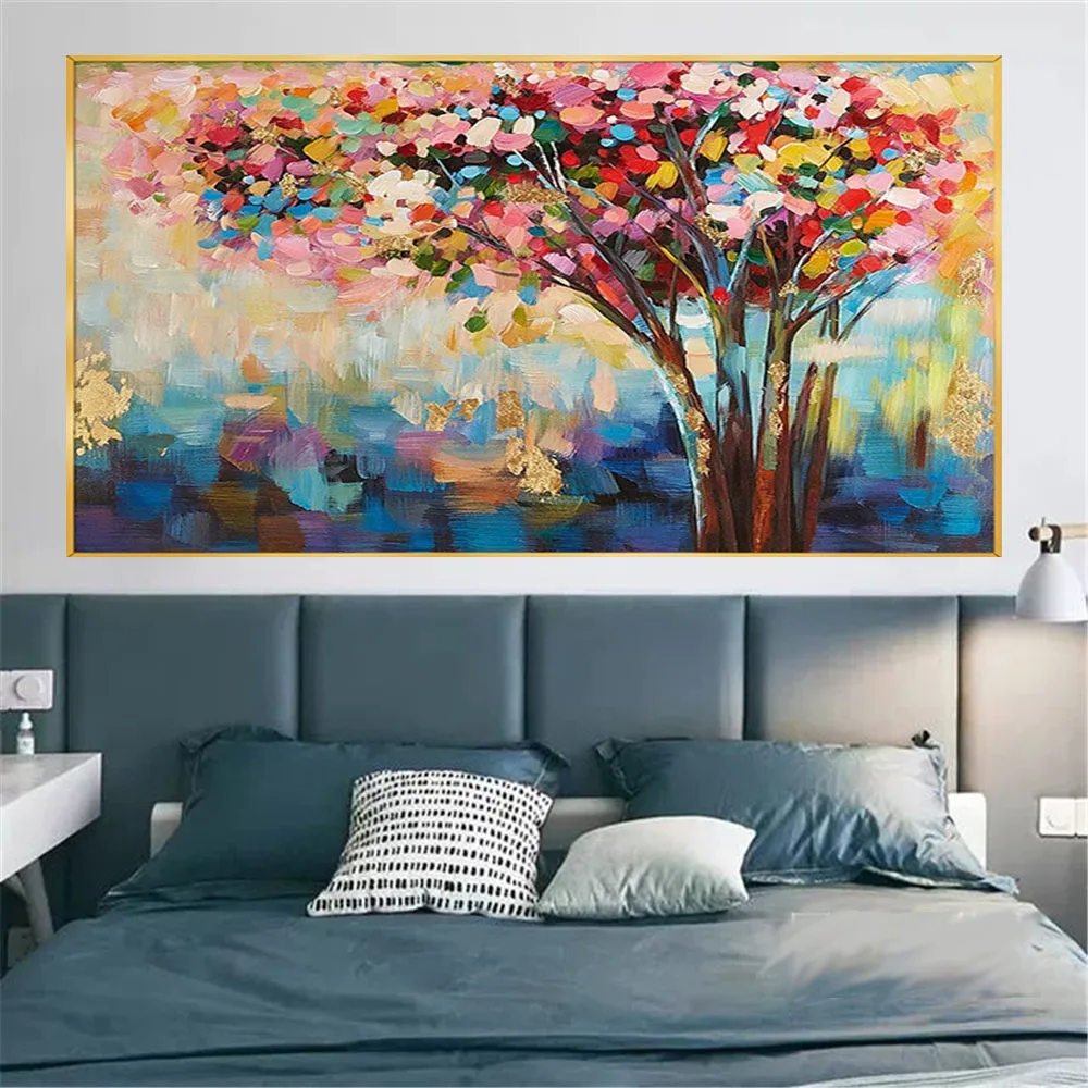 

Fashion canvas home decor hand-painted oil painting gold foil painting art fruit tree purple texture wall art living room decor