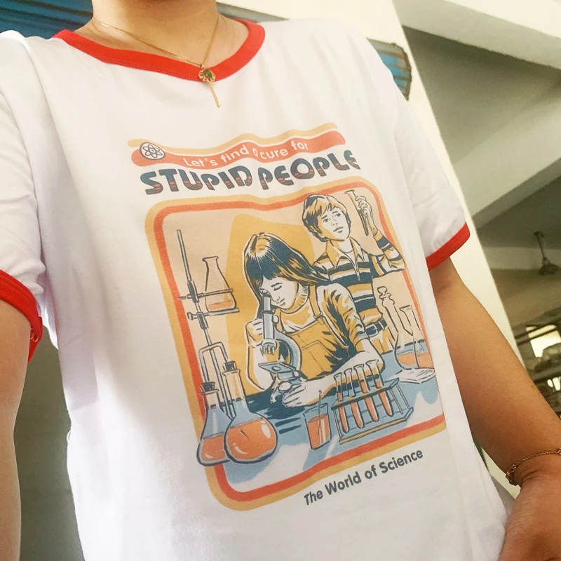 sunfiz Stupid People Vintage Ringer T-shirt Women Tshirt Cotton Short Sleeve Graphic Tops Harajuku Summer T Shirt