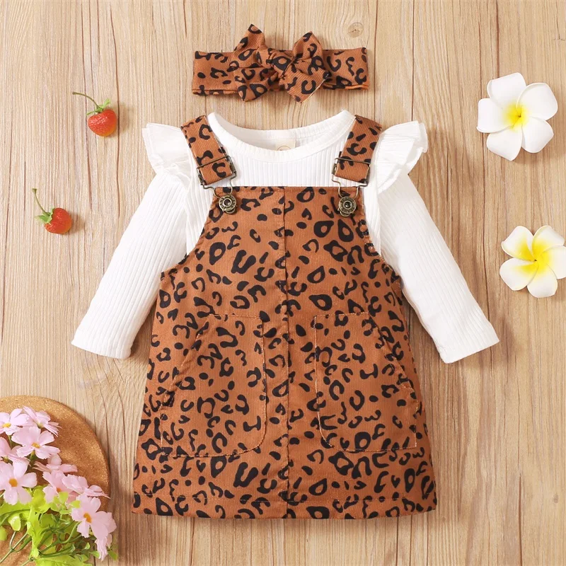 0-18M Autumn Baby Girls Clothes Set Newborn Infant Girl Ruffles Romper Corduroy Pocket Skirts Overalls Clothing