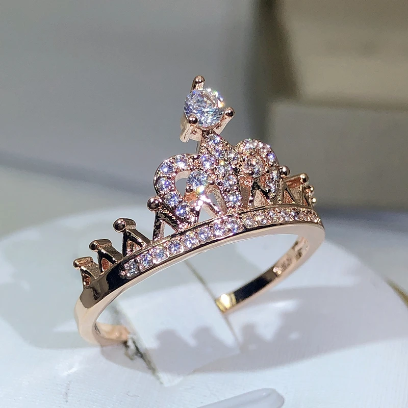 925 Zilveren Prachtige Prinses Kroon Ring Voor Dames Rose Goud Zirkoon Ring Engagement Verjaardag Sieraden Gift