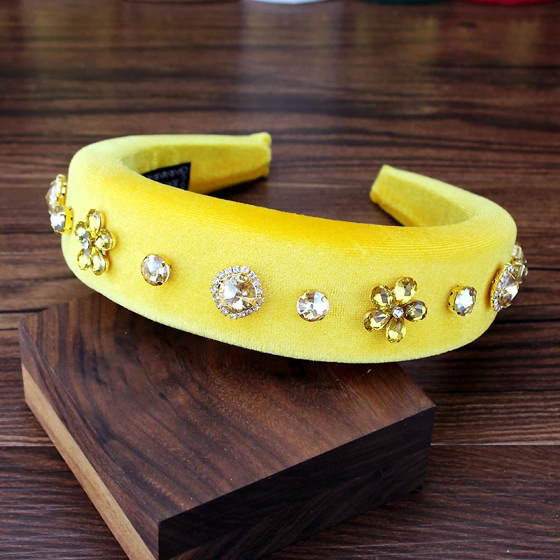 Simple Yellow Black Crystal Flower Padded Hairband Rhinestone Women Headband Luxury Headdress For Girls Fashion Hair Accessories