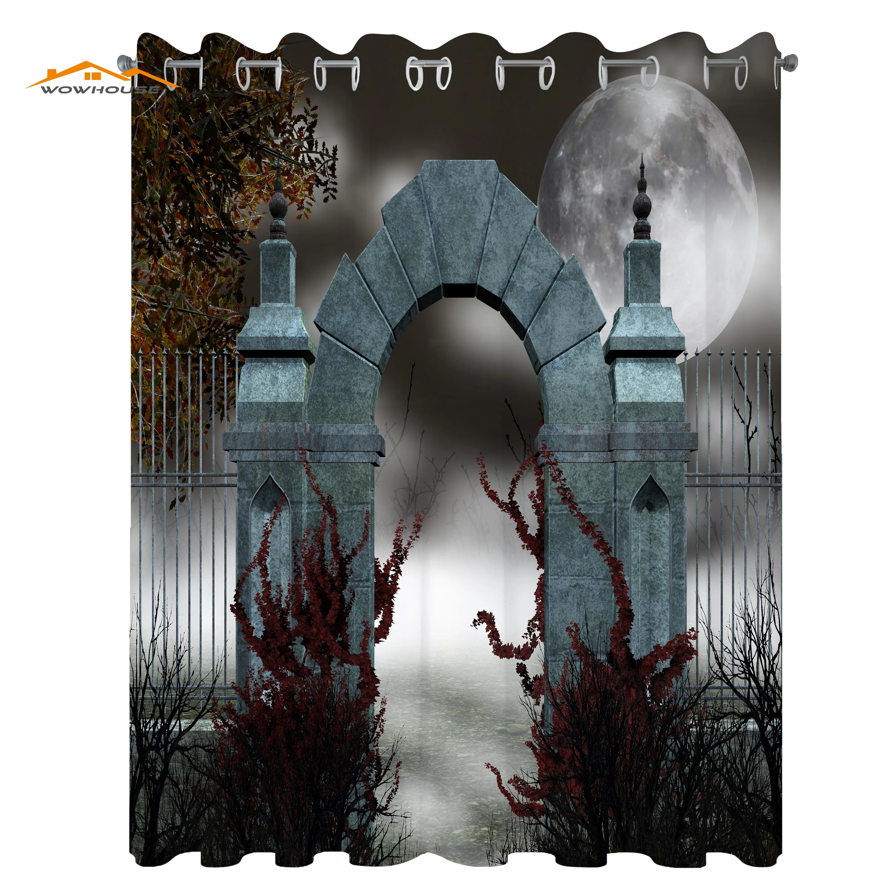 Gothic Window Curtains Scary Medieval Middle Age Stone Gate with Fog Full Moon and Ivy Dark Night Theme Art Living Room Decor