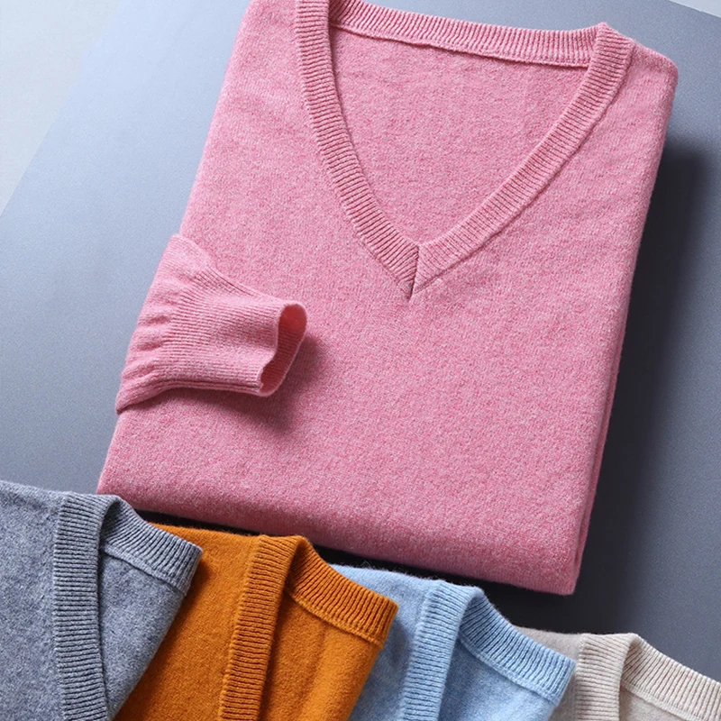 2024 Classic Style Men Knitwear Cashmere Pullover Winter Basic Wool Sweater V-Neck Loose Soft Warm Business Clothes Comfort Tops