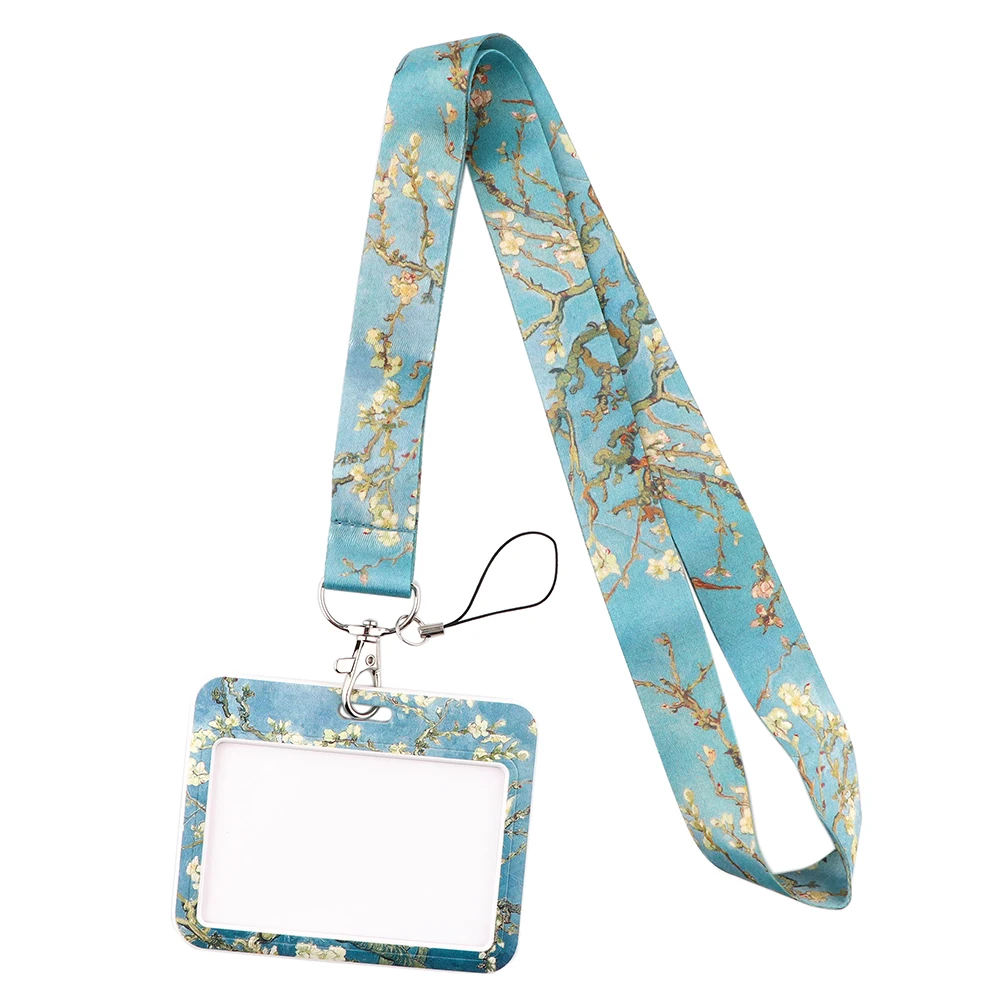 ER772 Van Gogh Almond Blossom Lanyard Card ID Holder Car KeyChain ID Card Pass Gym Mobile Phone Badge Key Ring Holder Jewelry