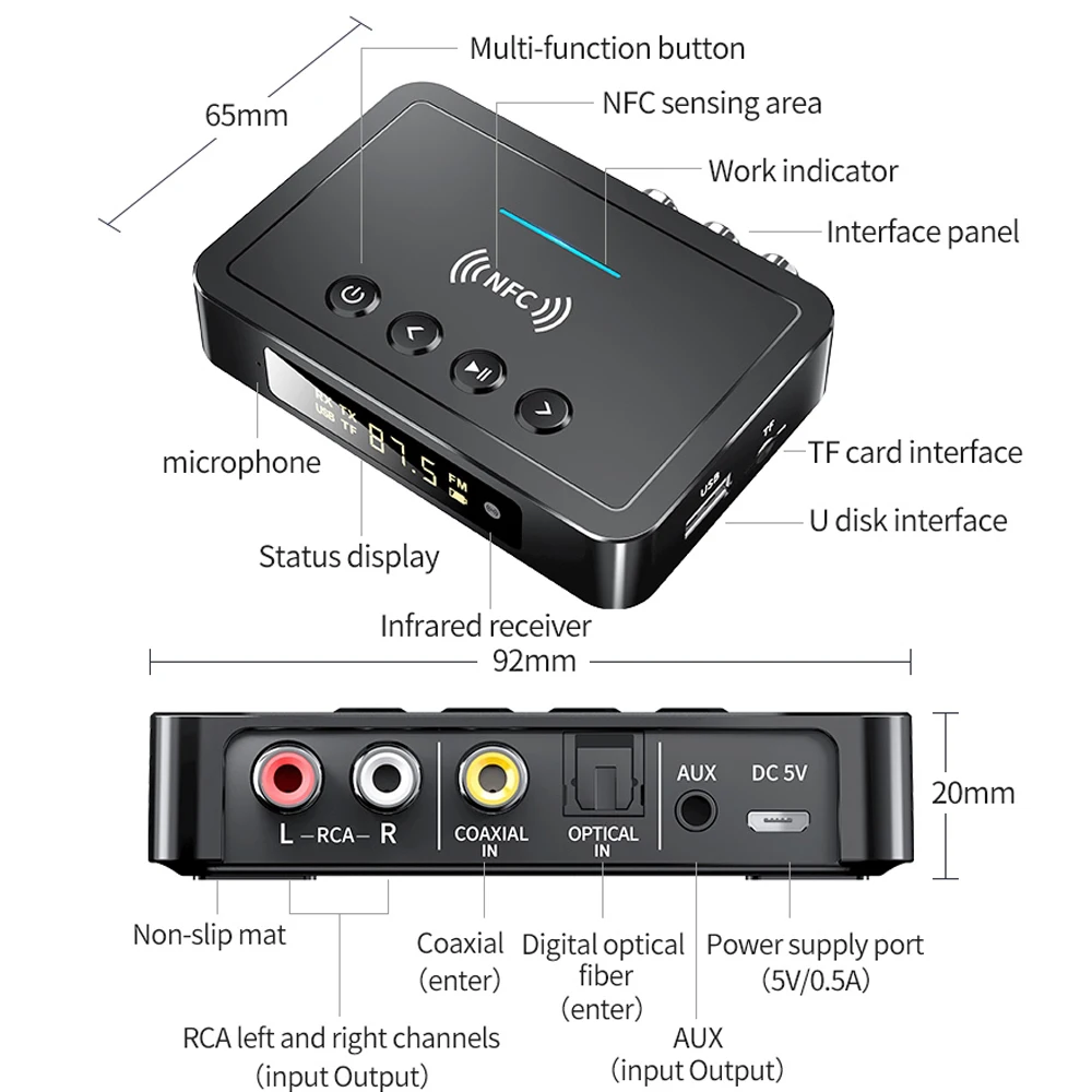 tebe NFC Bluetooth 5.0 Audio Adapter 3.5MM Aux RCA SPDIF Wireless FM Receiver Transmitter Support TF U Disk Play Remote Control