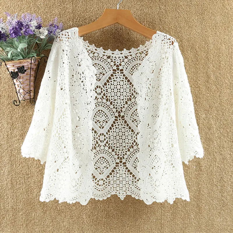 

Sexy Cutout Knitted Cardigan Sweater Women Five-point Sleeves Thin Sunscreen Air Conditioning Short Sweater Female Spring Summer