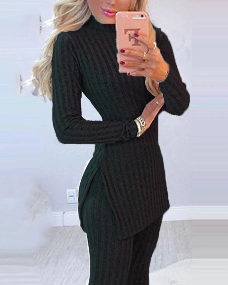 Fall Winter Knitted 2 Piece Suits Women Long Sleeve Ribbed Slit Long Top and High Waist Pencil Pants Set Fashion Outfit