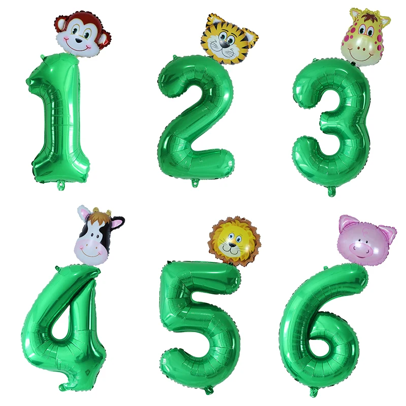 30'' Number Foil Balloons Jungle Animal Head Ballon Monkey Giraffe Lion Boy Girl 1 2 3 4th Birthday Party Baby Shower Air Globos