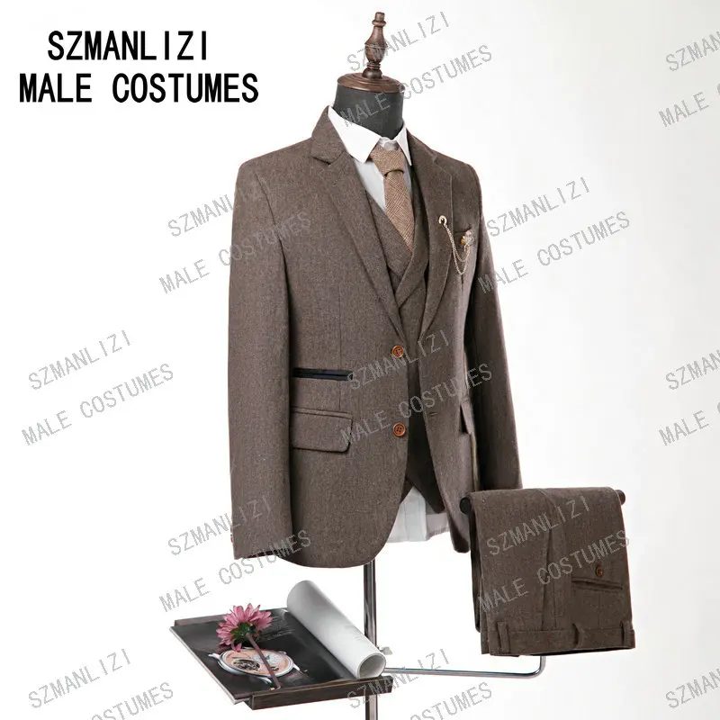 Inverno clássico marrom tweed ternos masculinos para casamento formal negócios blazer lã noivo smoking 3 peça terno masculino