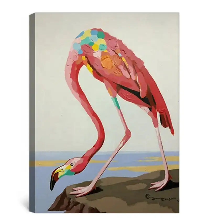 Abstract Animal Canvas Painting Palette Knife Acrylic Painting Red Flamingo Textured Bird Painting Wall Art Kids Room Decor